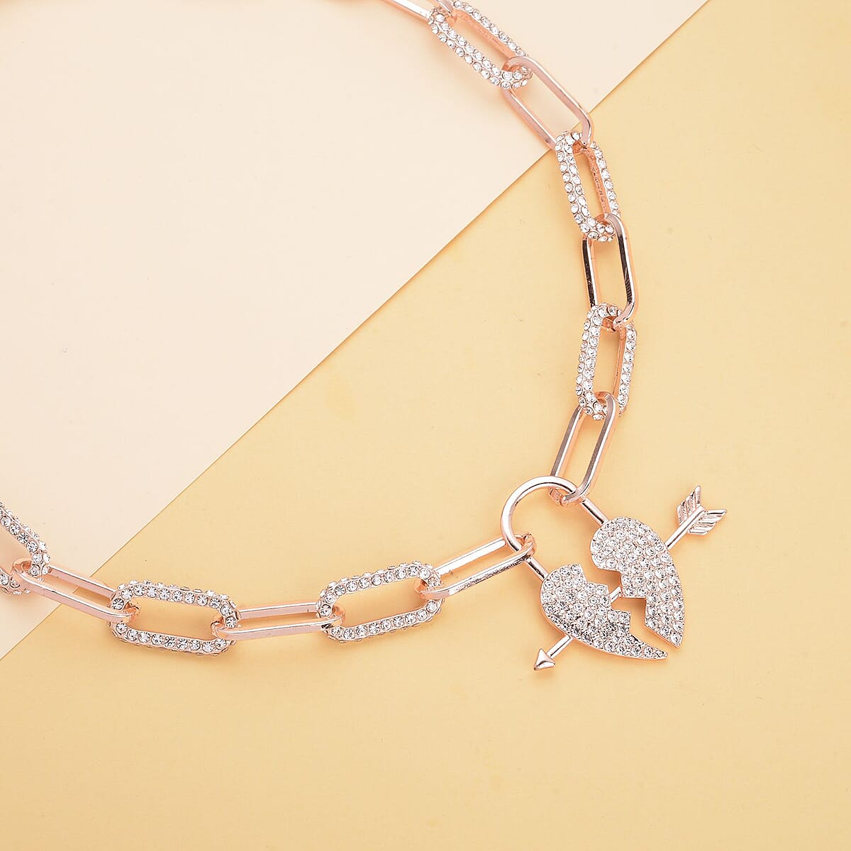 Austrian Crystal Paper Clip Chain Heart Necklace 20-22 Inches in Rosetone image number 1