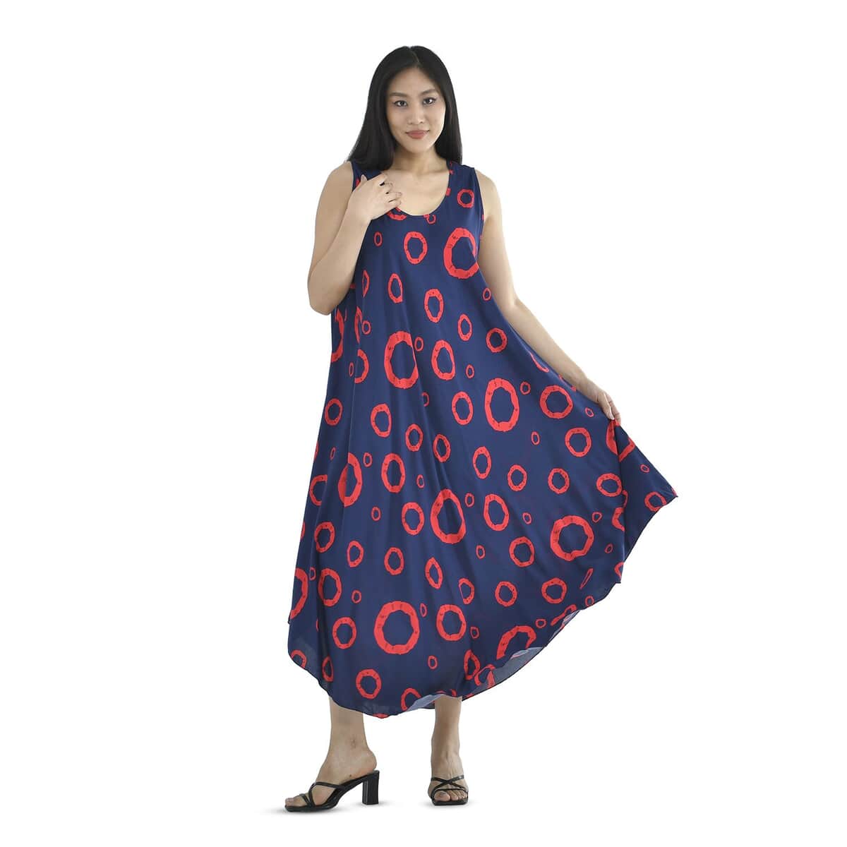 TAMSY Navy Print Circle Pattern Maxi Umbrella Dress (51.84"x56.69") image number 0