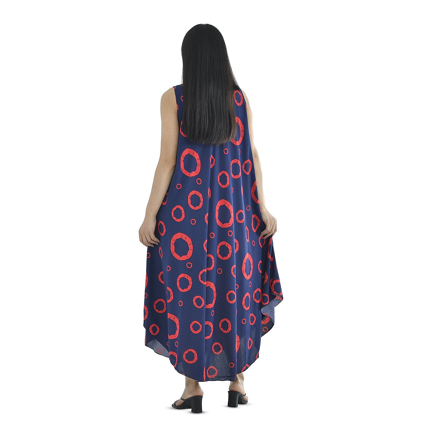 Tamsy Navy Print Circle Pattern Maxi Umbrella Dress
