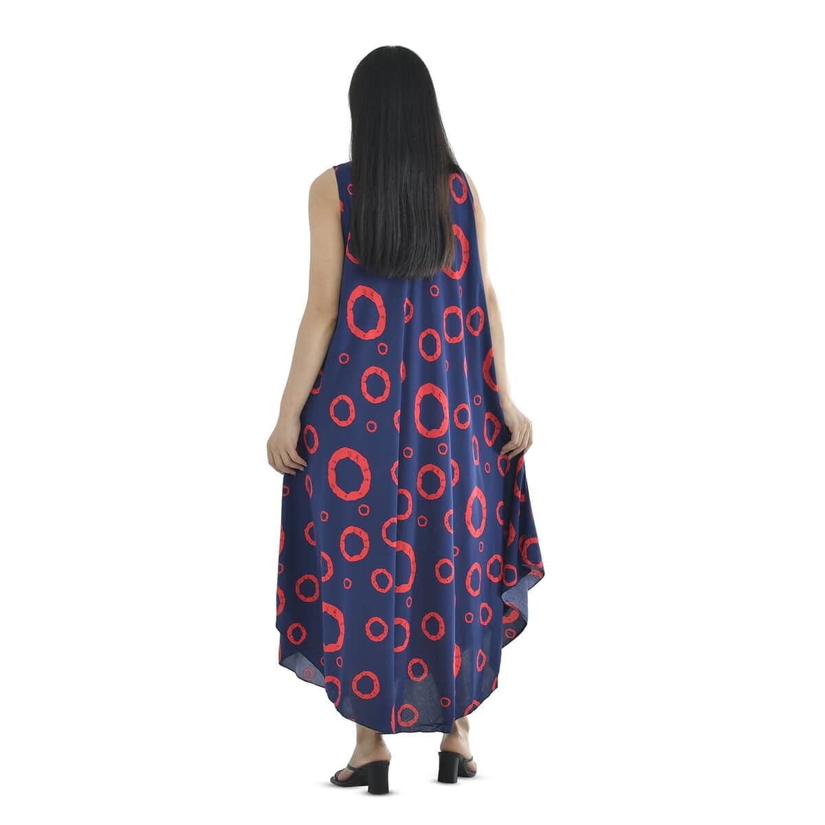 TAMSY Navy Print Circle Pattern Maxi Umbrella Dress (51.84"x56.69") image number 1