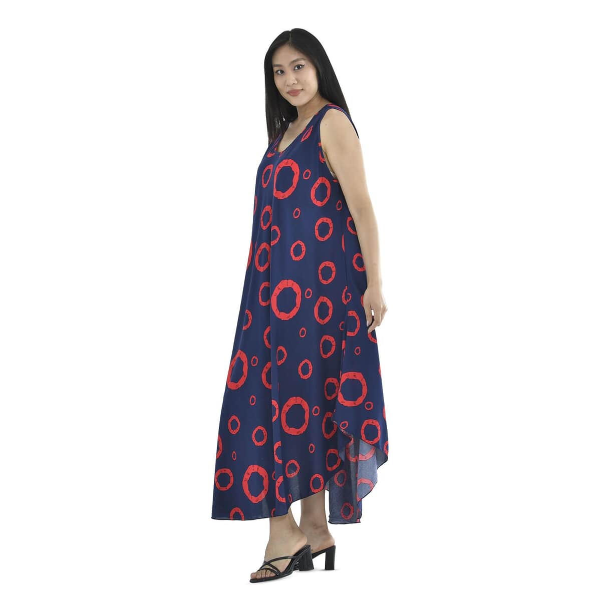 TAMSY Navy Print Circle Pattern Maxi Umbrella Dress (51.84"x56.69") image number 2