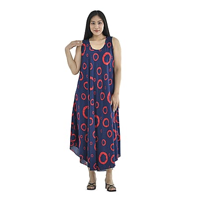 Tamsy Navy Print Circle Pattern Maxi Umbrella Dress