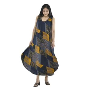 Tamsy Yellow and Grey Print Geometric and Floral Pattern Maxi Umbrella Dress