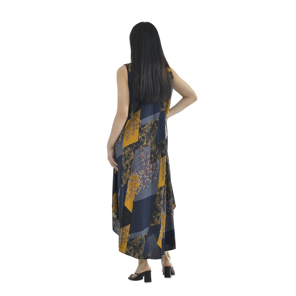 Tamsy Mustard Patch A-Line Viscose Sleeveless Dress - One Size Plus image number 1