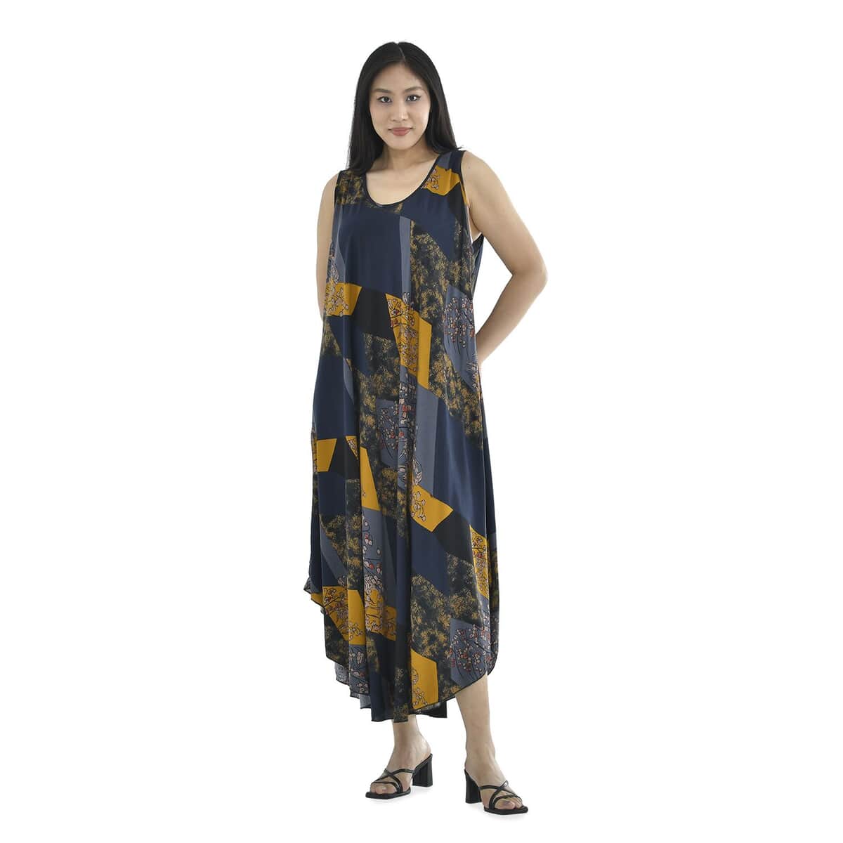 Tamsy Mustard Patch A-Line Viscose Sleeveless Dress - One Size Plus image number 3