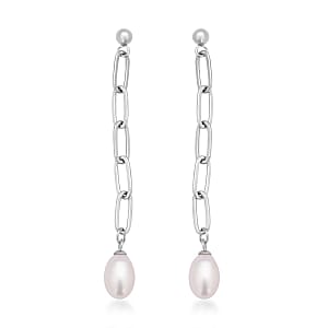 White Freshwater Pearl Paper Clip Chain Drop Earrings in Stainless Steel