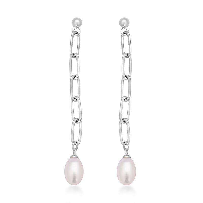White Freshwater Pearl Paper Clip Chain Drop Earrings in Stainless Steel