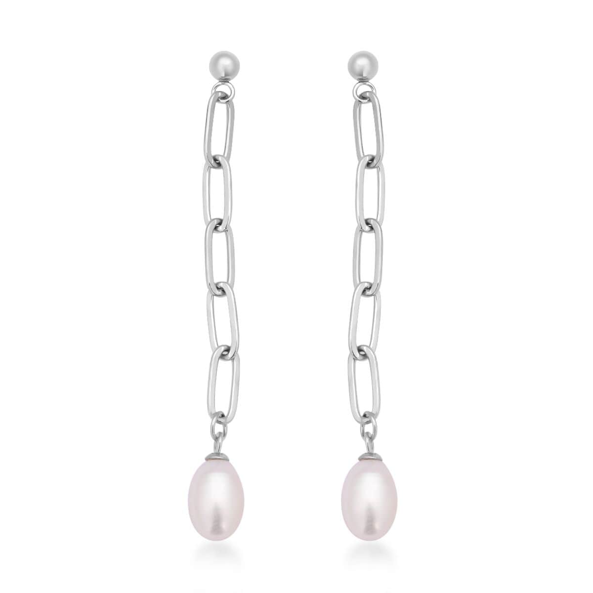 White Freshwater Pearl Paper Clip Chain Drop Earrings in Stainless Steel image number 0