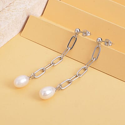 White Freshwater Pearl Paper Clip Chain Drop Earrings in Stainless Steel