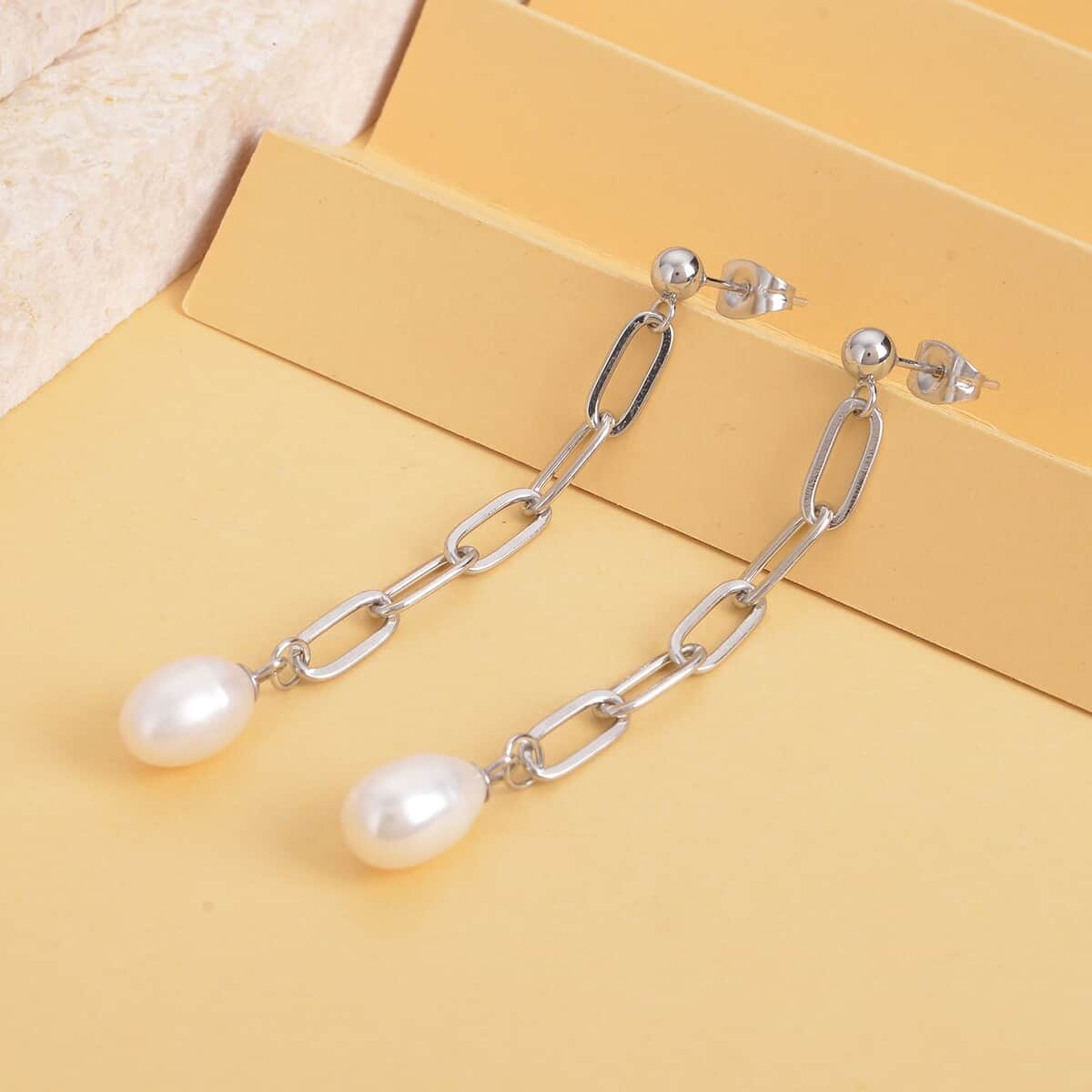 White Freshwater Pearl Paper Clip Chain Drop Earrings in Stainless Steel image number 1