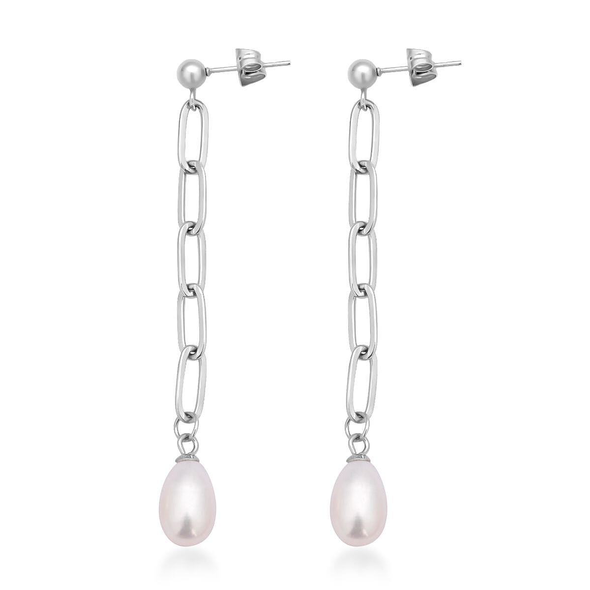 White Freshwater Pearl Paper Clip Chain Drop Earrings in Stainless Steel