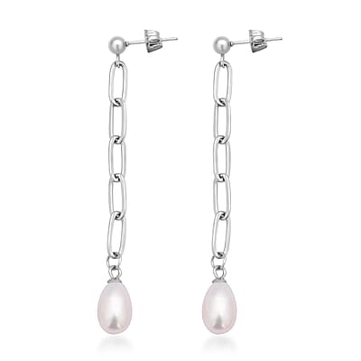 White Freshwater Pearl Paper Clip Chain Drop Earrings in Stainless Steel