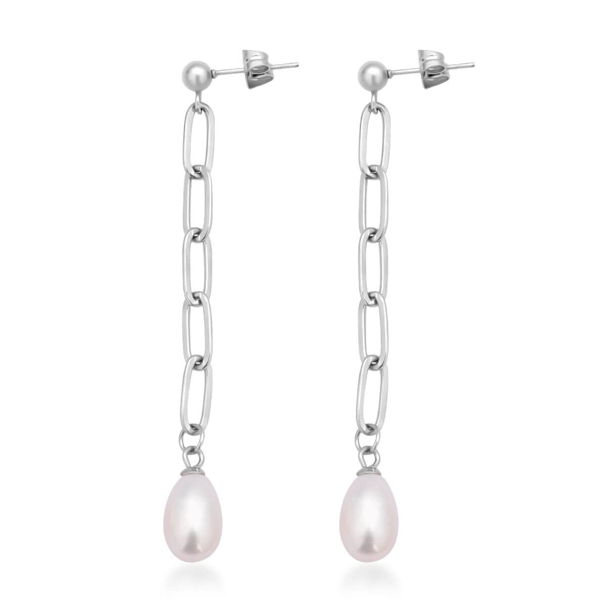 White Freshwater Pearl Paper Clip Chain Drop Earrings in Stainless Steel image number 3