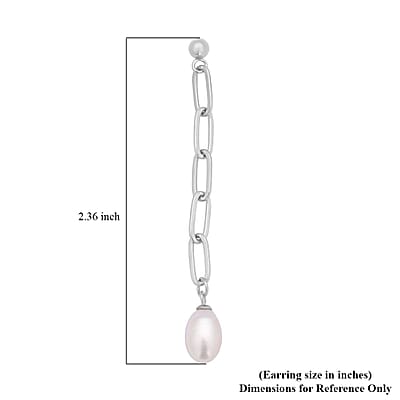 White Freshwater Pearl Paper Clip Chain Drop Earrings in Stainless Steel