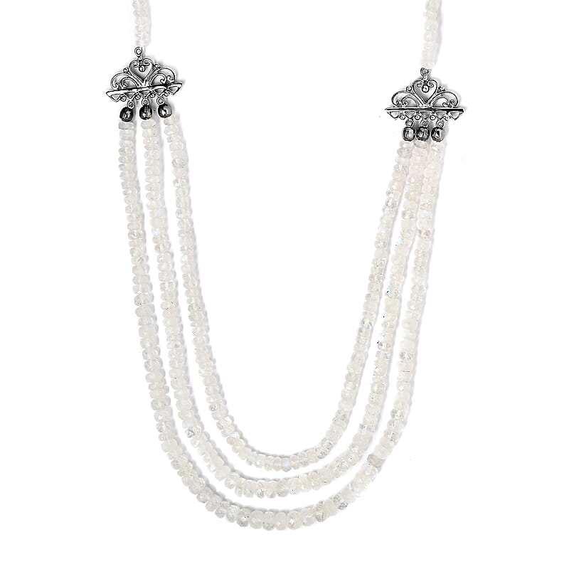 Kuisa Rainbow Moonstone Multi Strand Necklace 18 inches in Platinum Over Sterling Silver 175.00 ctw