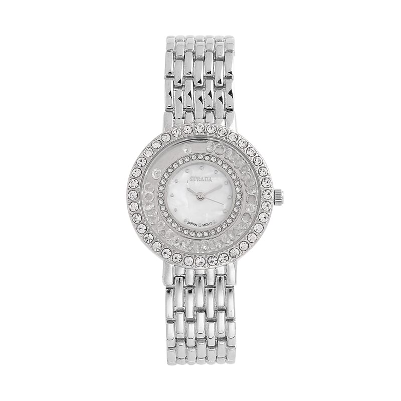 Strada Austrian Crystal Japanese Movement Simulated MOP Dial Bracelet Watch in Silvertone (36mm) (5.50-8.0Inches)