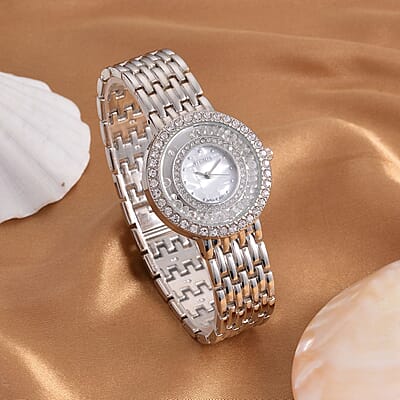 Strada Austrian Crystal Japanese Movement Simulated MOP Dial Bracelet Watch in Silvertone (36mm) (5.50-8.0Inches)