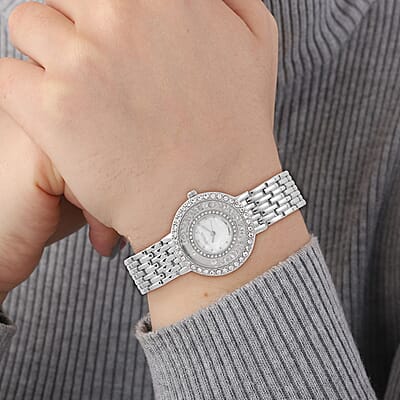 Strada Austrian Crystal Japanese Movement Simulated MOP Dial Bracelet Watch in Silvertone (36mm) (5.50-8.0Inches)