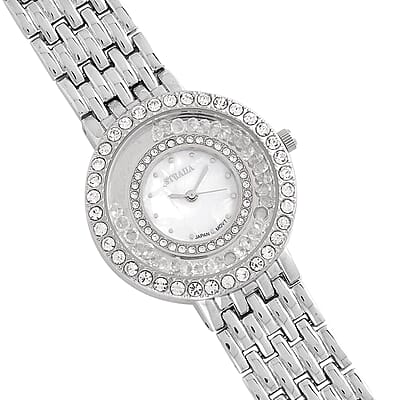 Strada Austrian Crystal Japanese Movement Simulated MOP Dial Bracelet Watch in Silvertone (36mm) (5.50-8.0Inches)