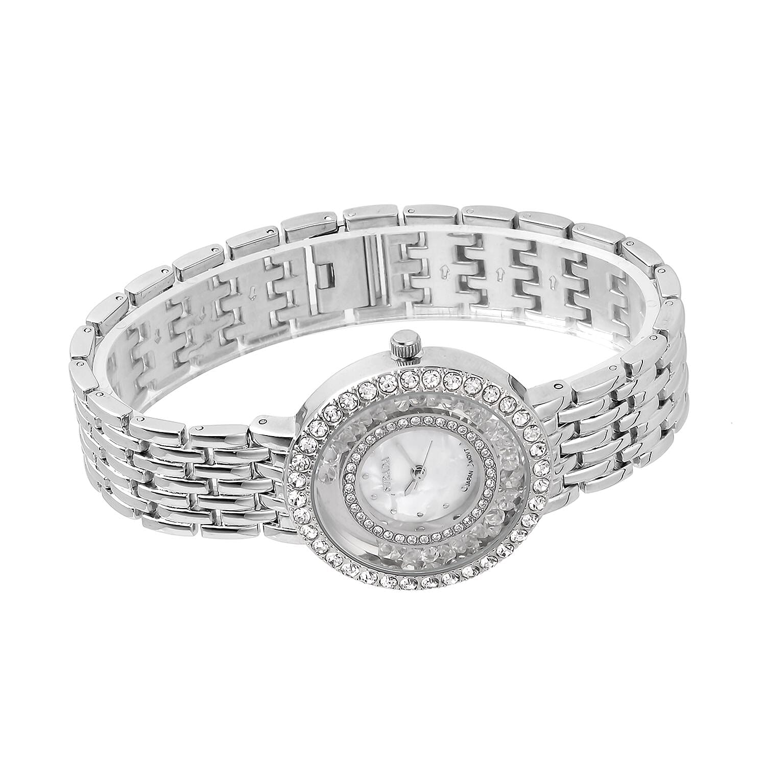 Strada Austrian Crystal Japanese Movement Simulated MOP Dial Bracelet Watch in Goldtone (36mm) (5.50-8.0Inches)