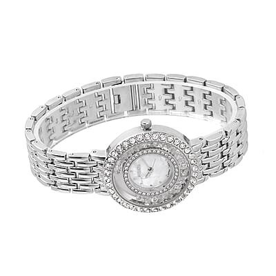 Strada Austrian Crystal Japanese Movement Simulated MOP Dial Bracelet Watch in Silvertone (36mm) (5.50-8.0Inches)