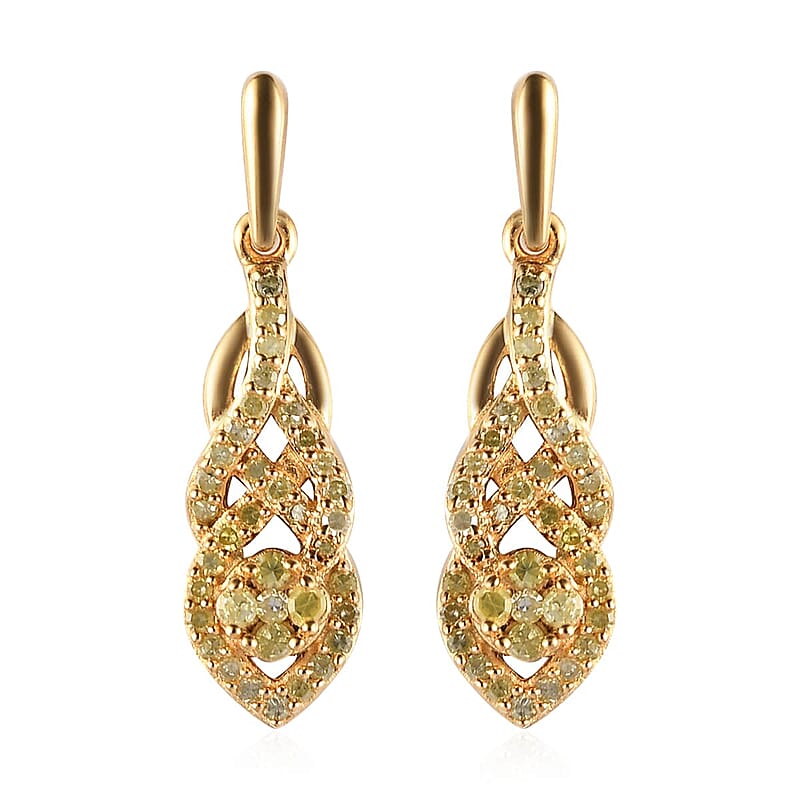 Natural Yellow Diamond I3 Dangle Earrings in Vermeil Yellow Gold Over Sterling Silver 0.50 ctw