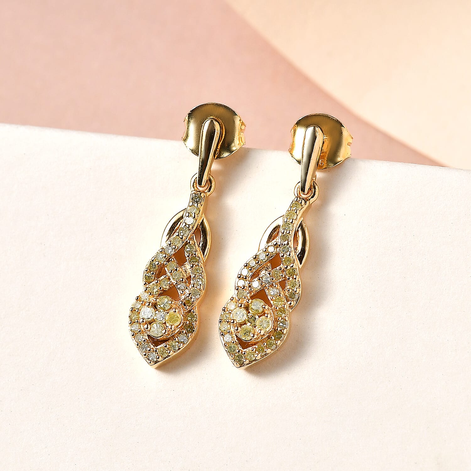 Natural Yellow Diamond I3 Dangle Earrings in Vermeil Yellow Gold Over Sterling Silver 0.50 ctw