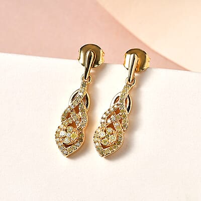 Natural Yellow Diamond I3 Dangle Earrings in Vermeil Yellow Gold Over Sterling Silver 0.50 ctw