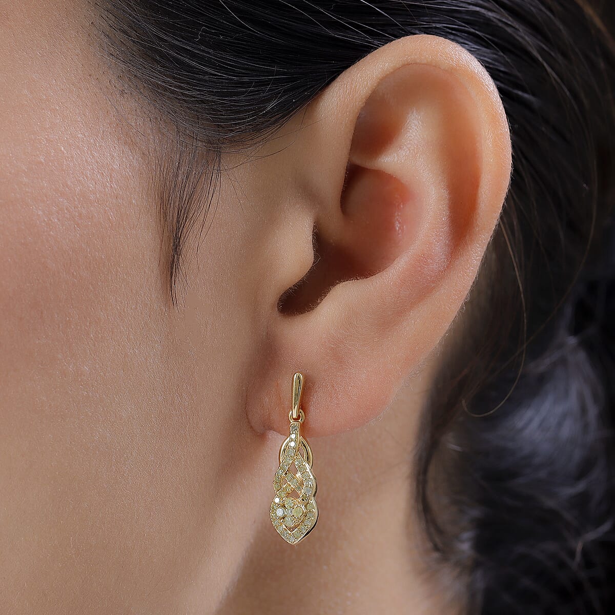 Natural Yellow Diamond I3 Dangle Earrings in Vermeil Yellow Gold Over Sterling Silver 0.50 ctw image number 2