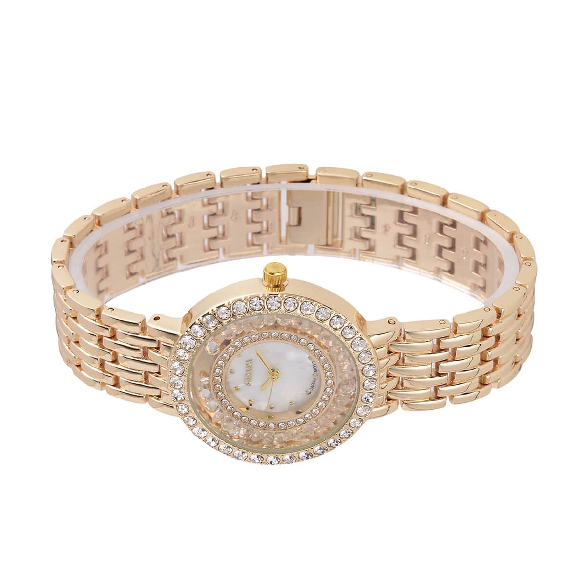 Strada Austrian Crystal Japanese Movement Simulated MOP Dial Bracelet Watch in Goldtone (36mm) (5.50-8.0Inches) image number 4