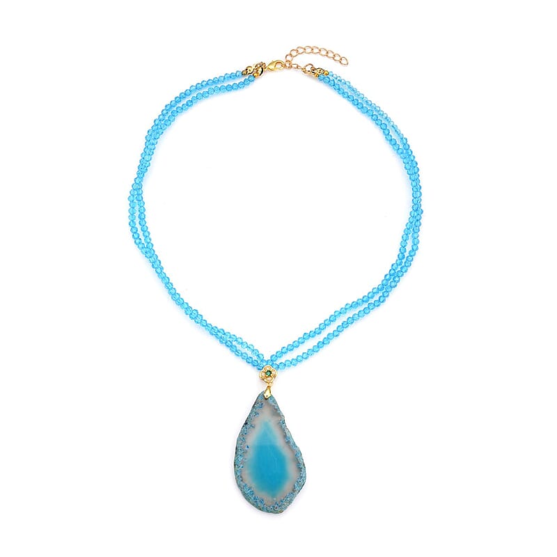 Enhanced Blue Agate, Blue Glass, White and Green Austrian Crystal Double Layer Beaded Necklace 18-20 Inches in Goldtone 91.00 ctw