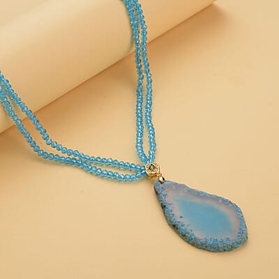 Enhanced Blue Agate, Blue Glass, White and Green Austrian Crystal Double Layer Beaded Necklace 18-20 Inches in Goldtone 91.00 ctw