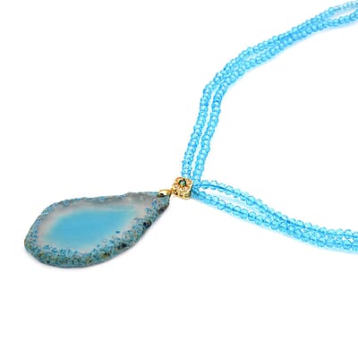Enhanced Blue Agate, Blue Glass, White and Green Austrian Crystal Double Layer Beaded Necklace 18-20 Inches in Goldtone 91.00 ctw