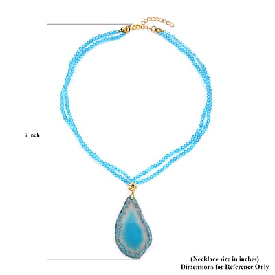 Enhanced Blue Agate, Blue Glass, White and Green Austrian Crystal Double Layer Beaded Necklace 18-20 Inches in Goldtone 91.00 ctw