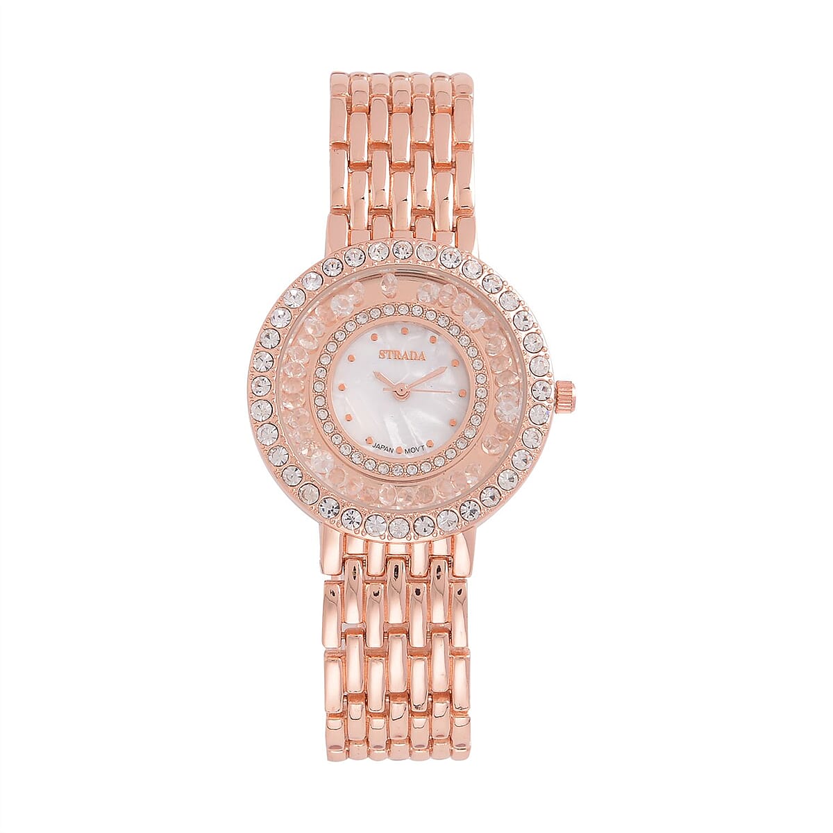 Strada Austrian Crystal Japanese Movement Simulated MOP Dial Bracelet Watch in Rosetone (36mm) (5.50-8.0Inches) image number 0