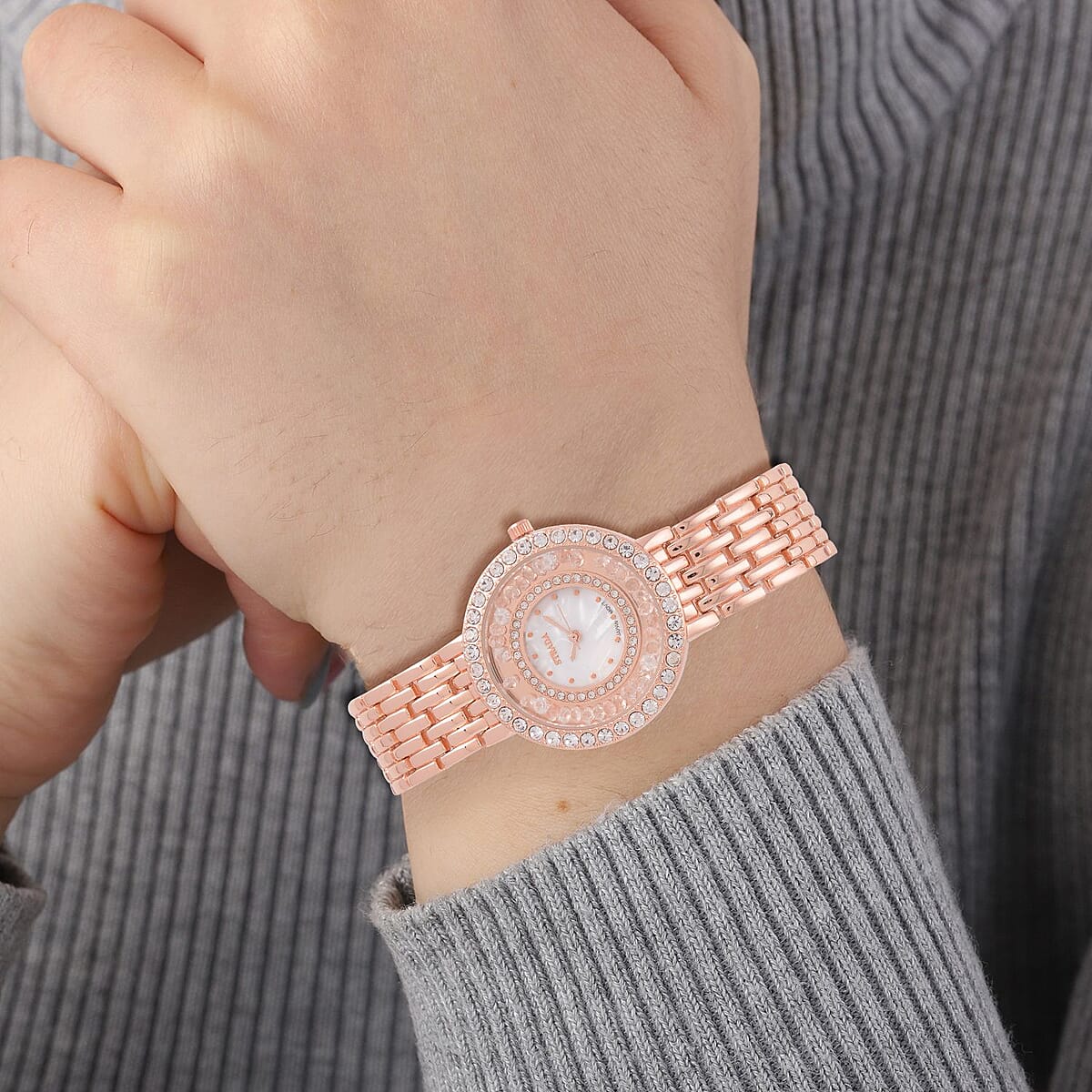 Strada Austrian Crystal Japanese Movement Simulated MOP Dial Bracelet Watch in Rosetone (36mm) (5.50-8.0Inches) image number 2