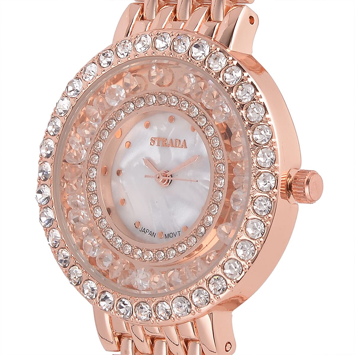Strada Austrian Crystal Japanese Movement Simulated MOP Dial Bracelet Watch in Rosetone (36mm) (5.50-8.0Inches) image number 3