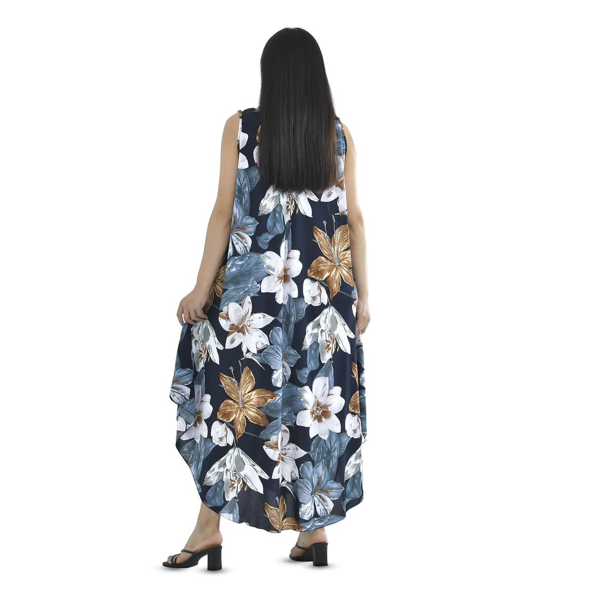 Tamsy Navy Print Madonna Lily Floral Pattern Maxi Umbrella Dress image number 1