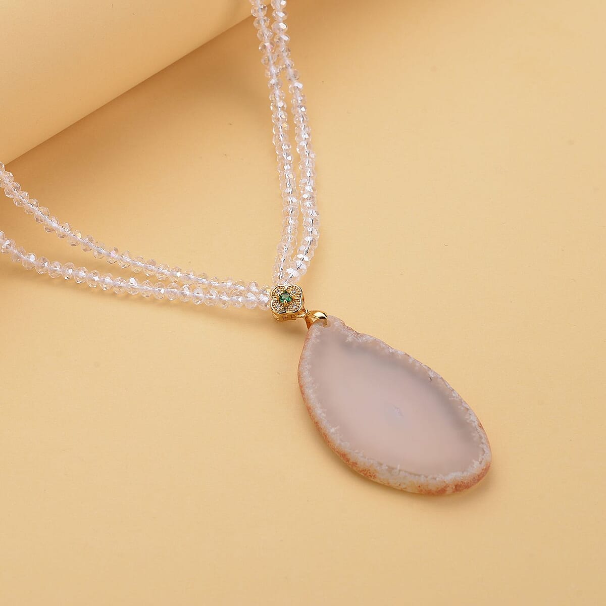 Enhanced Wood Agate, Glass, White and Green Austrian Crystal Double Layer Beaded Necklace 18-20 Inches in Goldtone 91.00 ctw image number 1