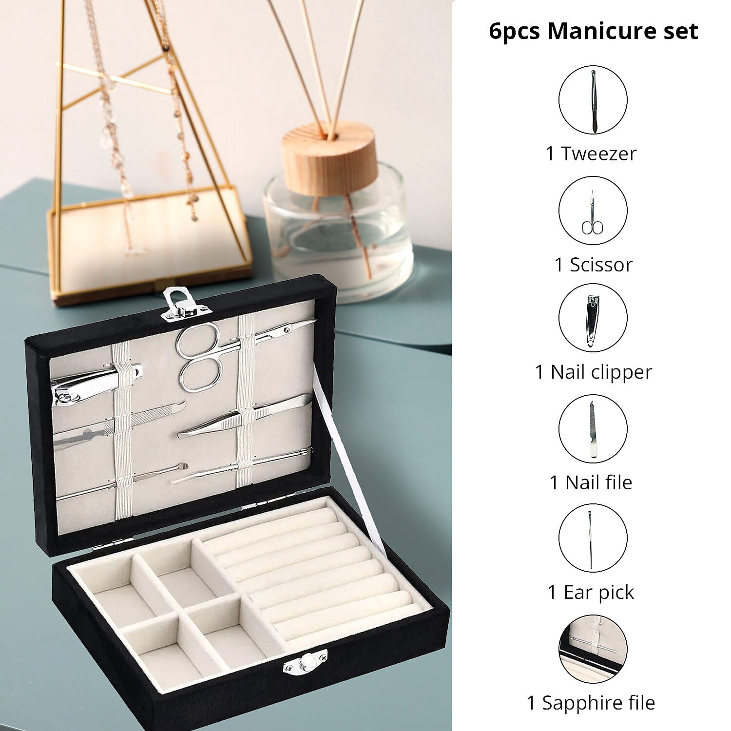 Black Velvet Jewelry Box with 6pcs Manicure Set
