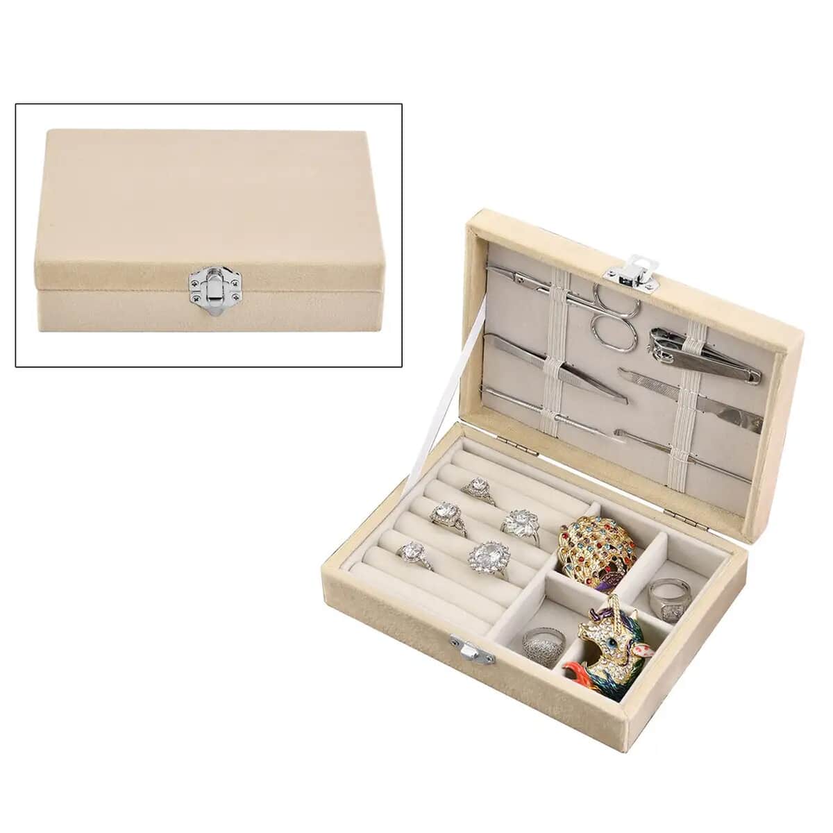 Beige Velvet Jewelry Box with 6pcs Manicure Set image number 0