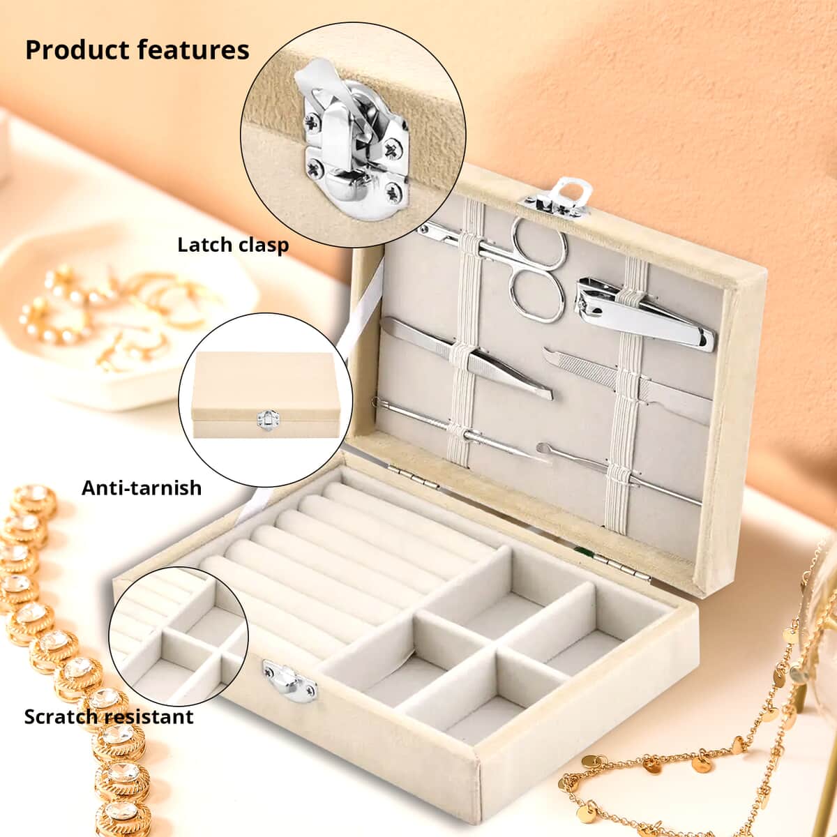 Beige Velvet Jewelry Box with 6pcs Manicure Set image number 2