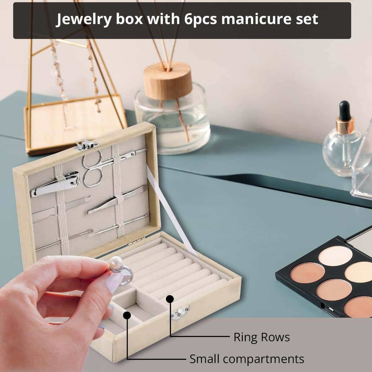 Beige Velvet Jewelry Box with 6pcs Manicure Set image number 3