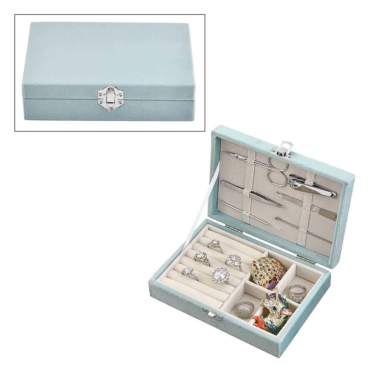 Turquoise Blue Velvet Jewelry Box with 6pcs Manicure Set image number 0