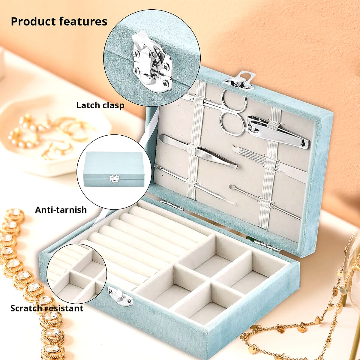 Turquoise Blue Velvet Jewelry Box with 6pcs Manicure Set image number 2