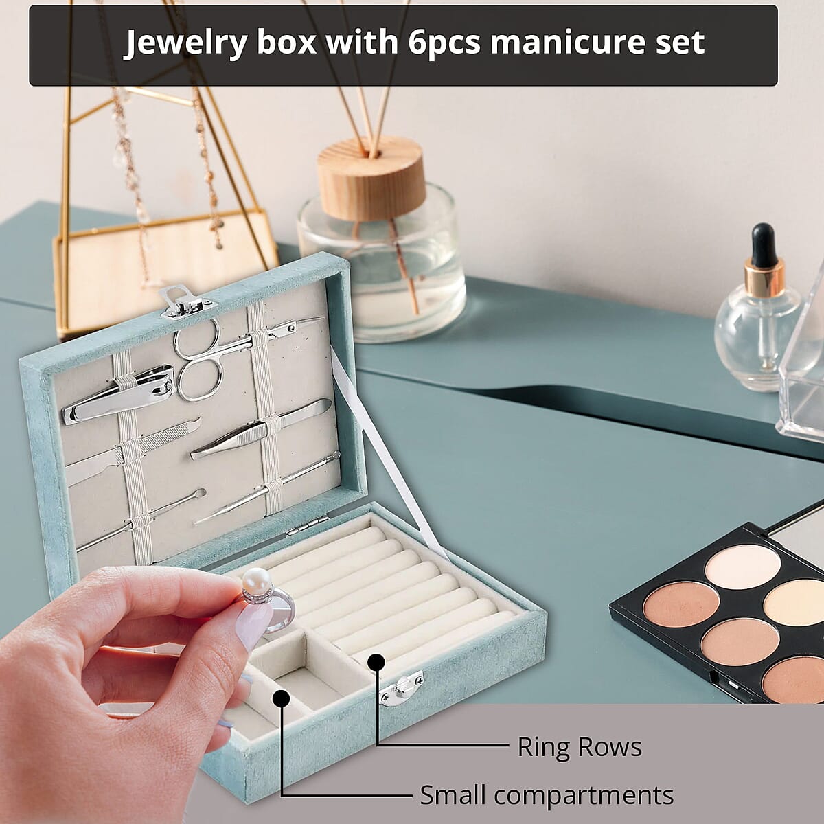 Turquoise Blue Velvet Jewelry Box with 6pcs Manicure Set image number 3