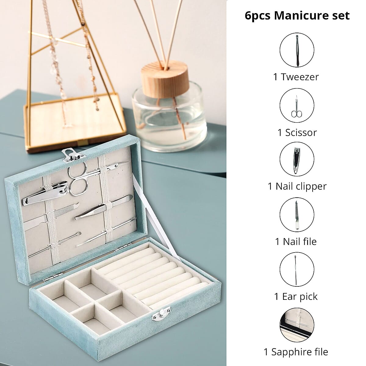 Turquoise Blue Velvet Jewelry Box with 6pcs Manicure Set image number 4