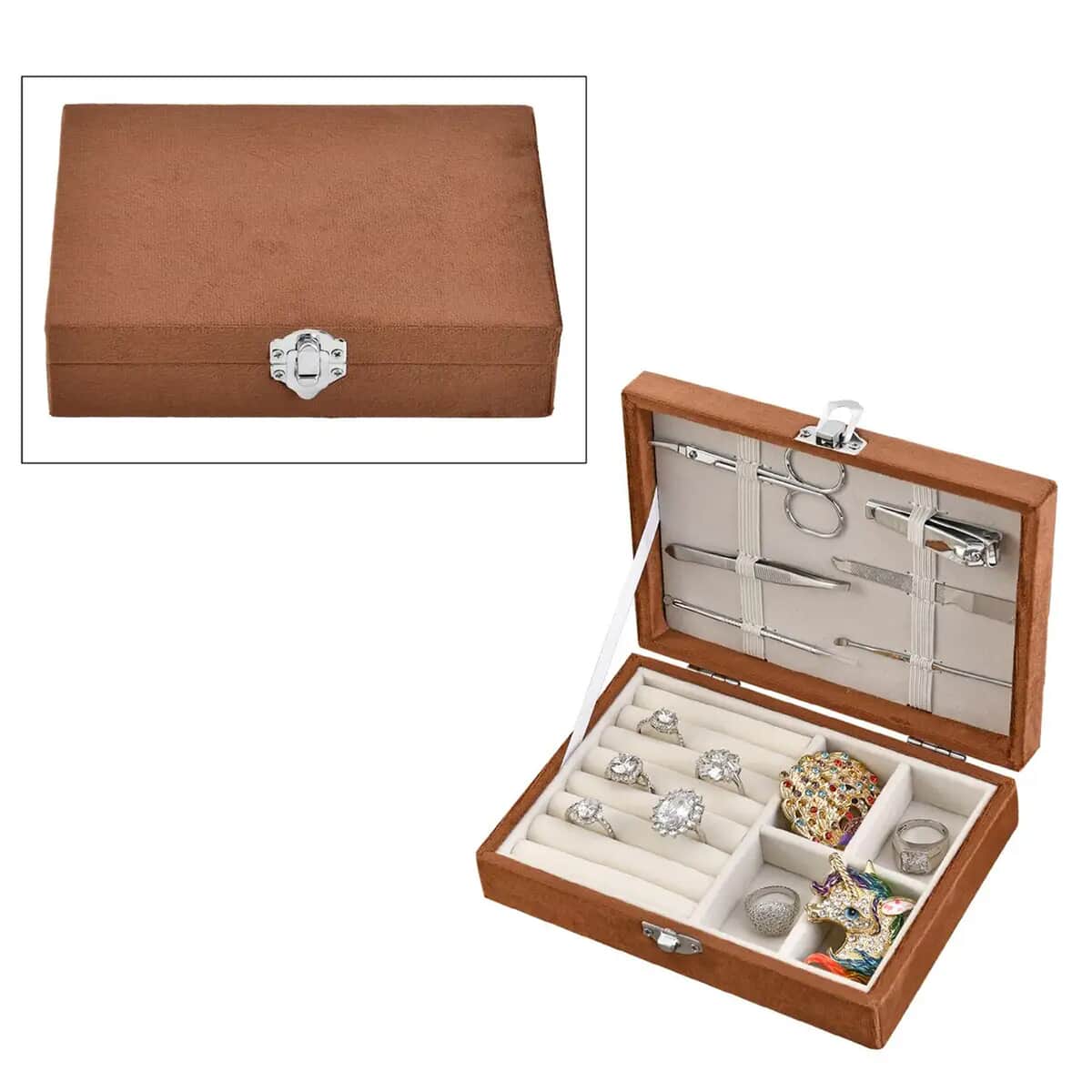 Brown Velvet Jewelry Box with 6pcs Manicure Set image number 0