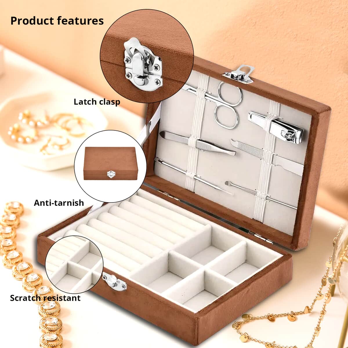 Brown Velvet Jewelry Box with 6pcs Manicure Set image number 2