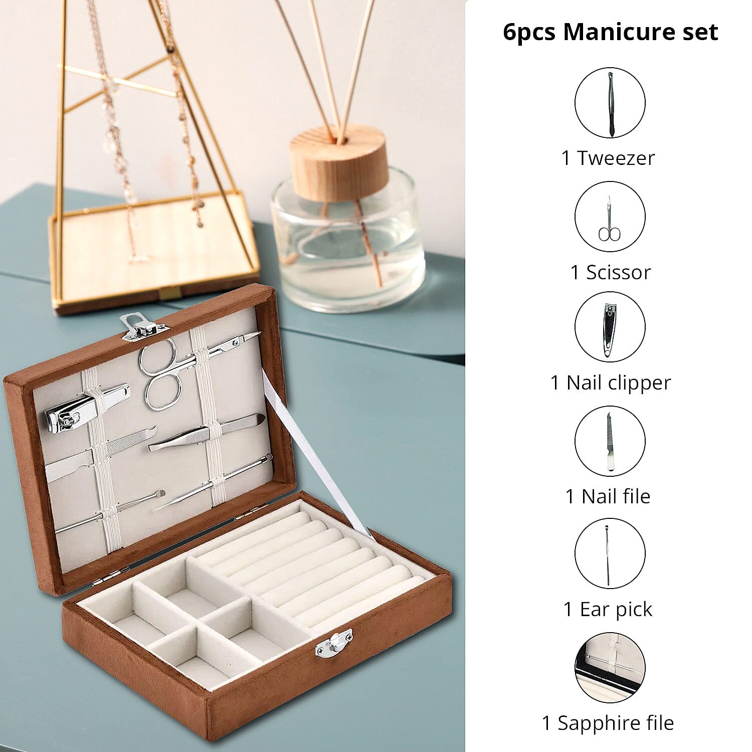 Brown Velvet Jewelry Box with 6pcs Manicure Set